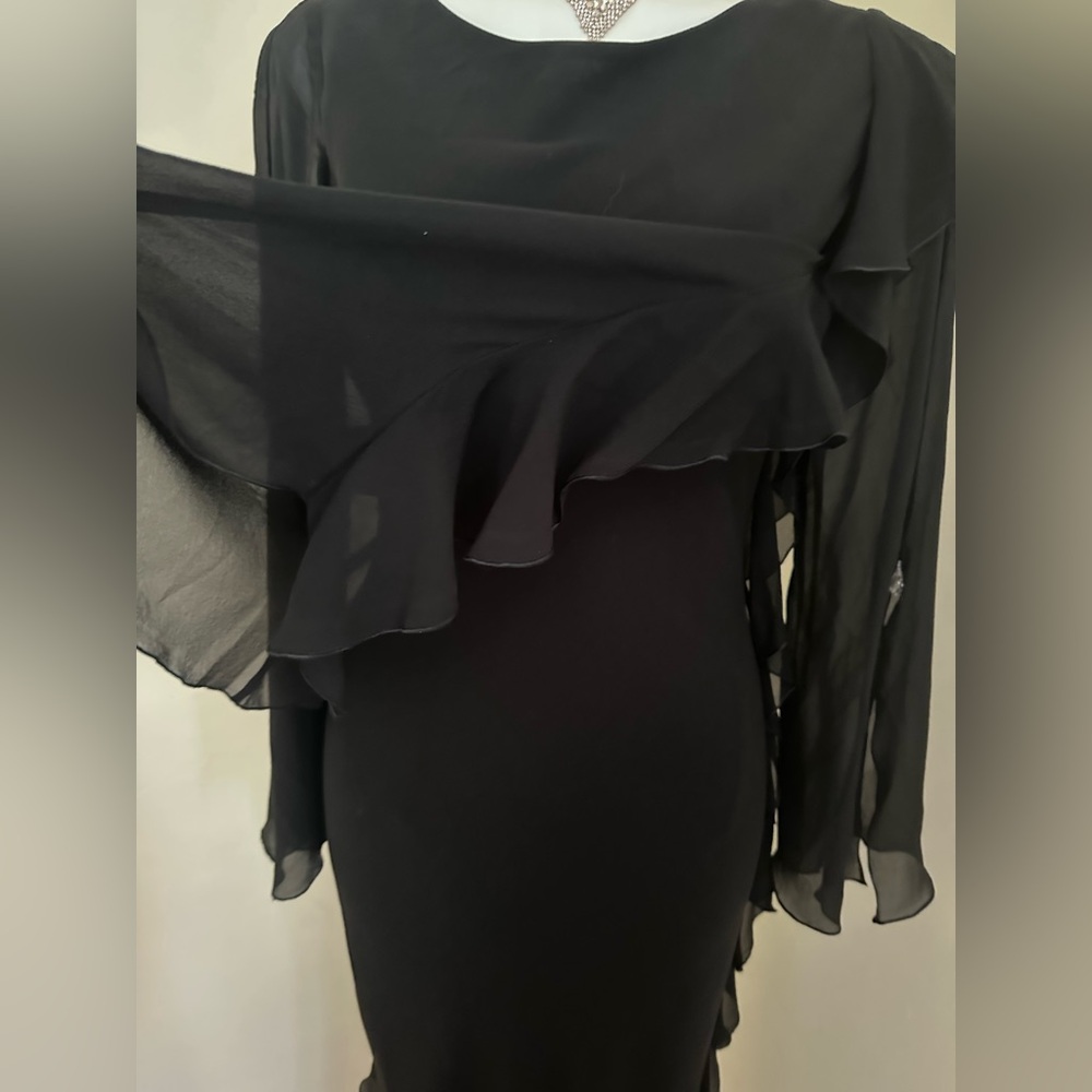 VINTAGE SILK Black, Sheer Ruffled, Asymmetrical Evening Dress Sz M - Picture 6 of 16